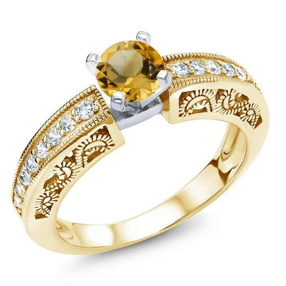 Gem Stone King 1.39 Ct Round Yellow Citrine 18K Two-Tone Plated Sterling Silver Ring (Size 6)