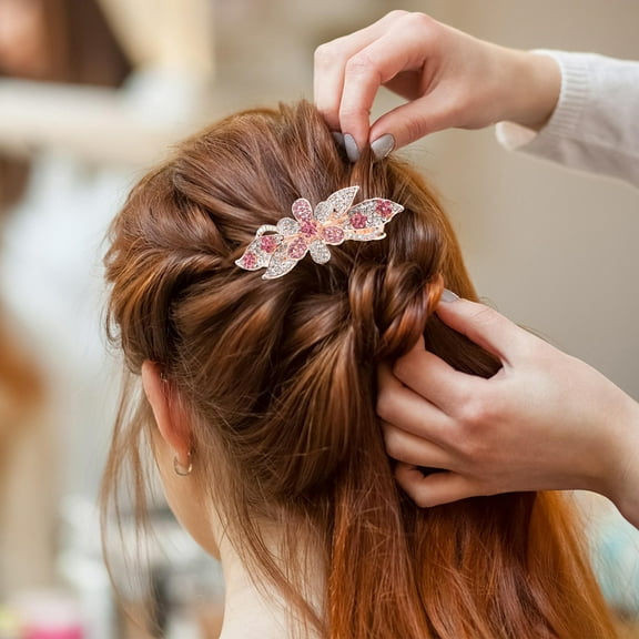 LOLIPPYY Rhinestone Hair Barrettes Hair Clip Pink Alloy Hold Hair Women 1Pcs