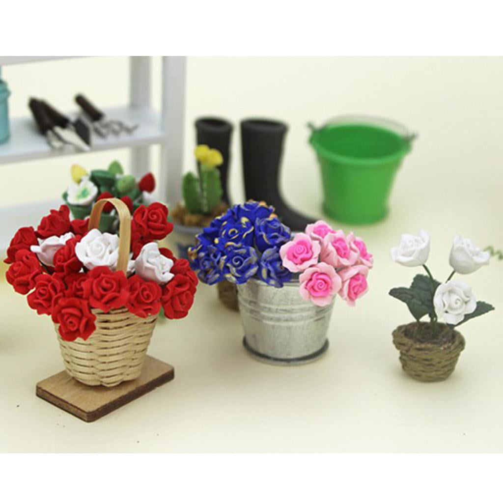10pcs Blue Artificial Rose Clay Flowers for 1/12 Dollhouse Miniature Decor 