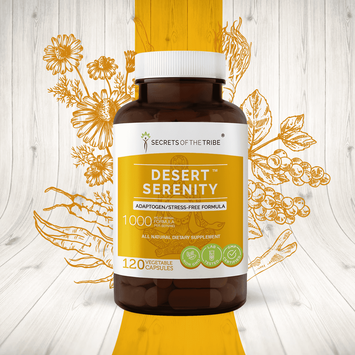 Secrets of the Tribe Desert Serenity Capsules Dietary Supplement, Natural Herb Blend, Made from Eleuthero, Korean Red Ginseng, Ashwagandha, Chamomile, Rhodiola, Schisandra, Cordyceps 120 Count