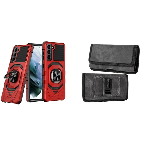 Case with Belt Holster Bundle for Samsung Galaxy S22 Ultra: Heavy Duty Shield Cover (Red) and Rugged Denim Nylon Phone Pouch (Grey)