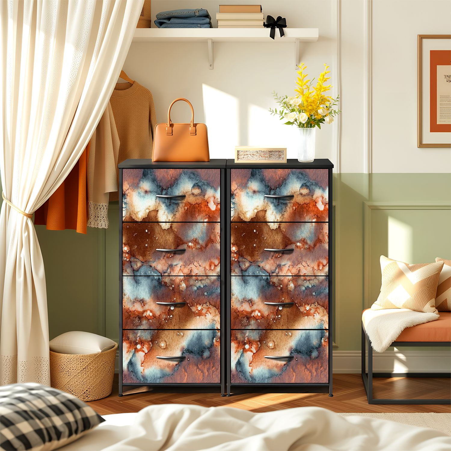 4 Drawer Vertical Storage Dresser Hand watercolor bright abstract stone surface Texture with Wood Top Fabric Pull Drawers