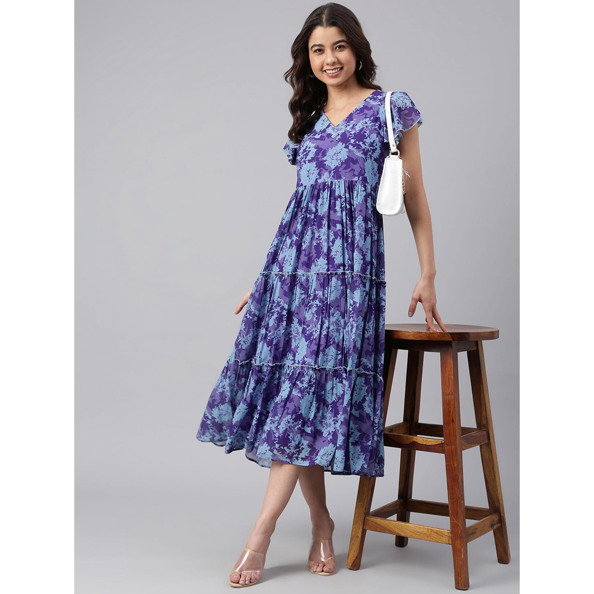 Janasya Blue Georgette Printed Flared Calf Length Short Sleeve V Neck Western Dress for Women Summer Dress Summer Wear Walmart