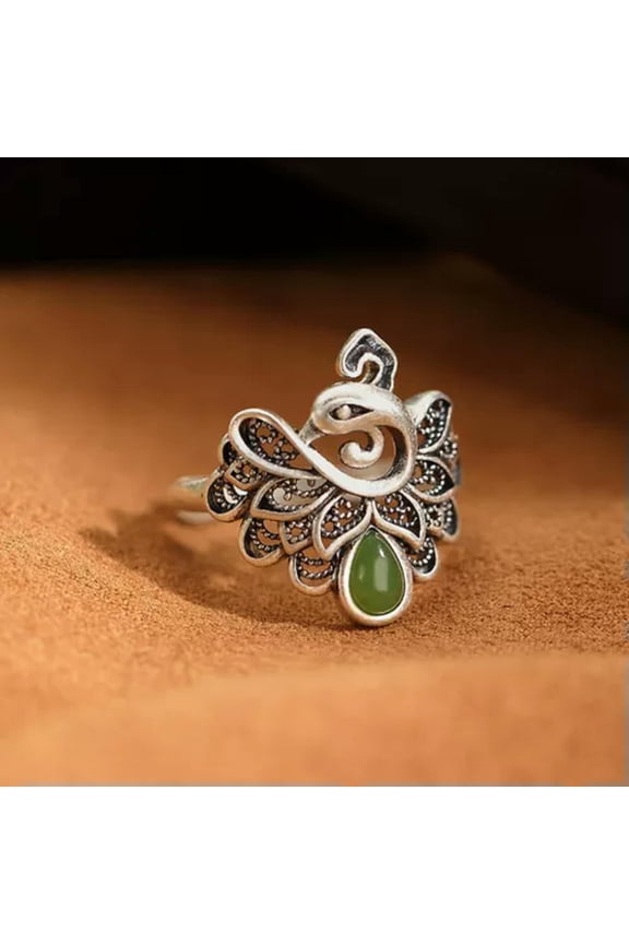 Pure S925 Sterling Silver Natural Nephrite Jade Jasper Lucky Women Phoenix Ring