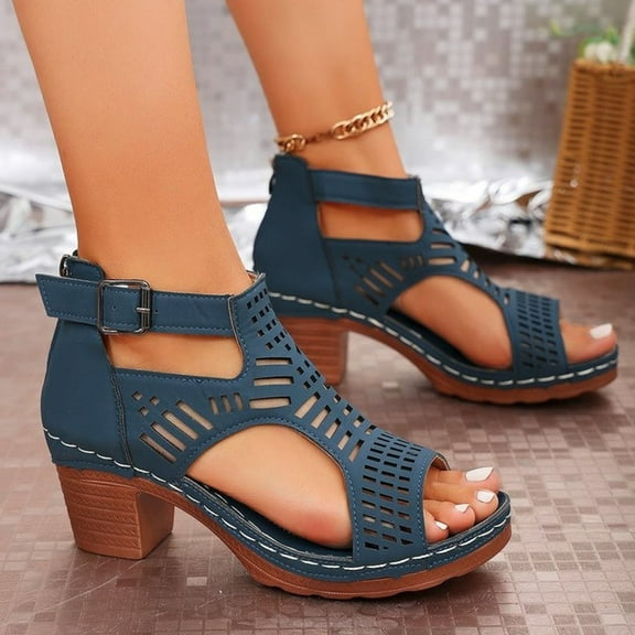 Viluyesy Womens Block Heeled Sandals, Hollow Up Ankle Buckle Open Toe Summer New Style Dressy Shoes Dark Blue