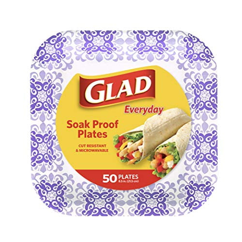 Soak Proof 8.5 Diameter Cut Proof Glad Square Disposable Paper Plates for All Occasions 50 Count Bulk Paper Plates Microwaveable Heavy Duty Disposable Plates 