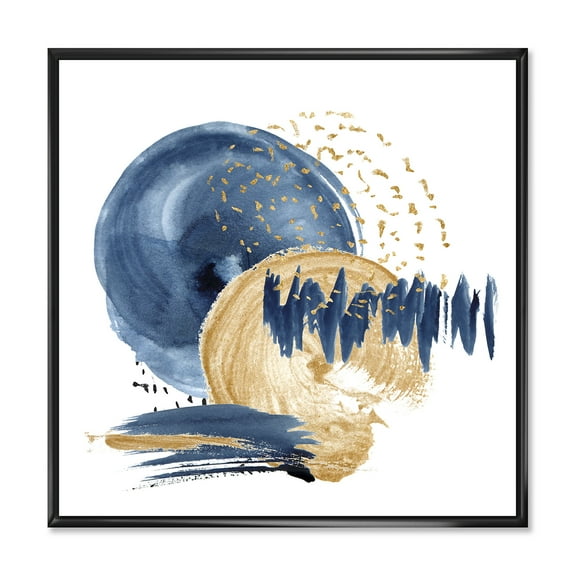 Designart 'Gold and Dark Blue Abstract Circle Ocean Texture' Modern Framed Canvas Wall Art Print