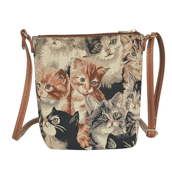 Signare Tapestry Cat Sling Bag Brown Crossbody