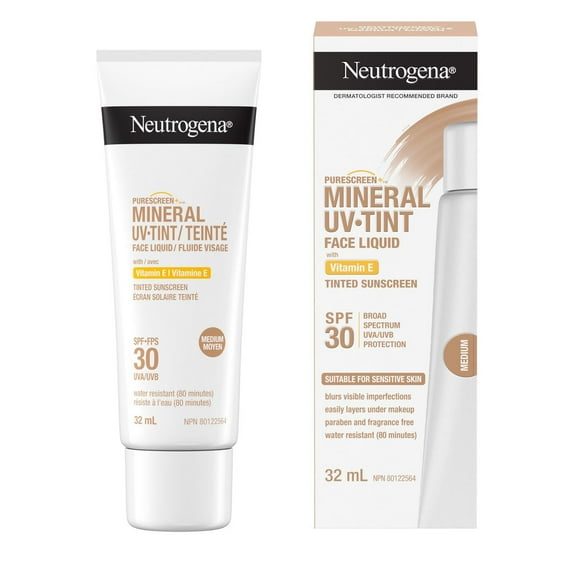 Neutrogena Purescreen+ Écran Solaire Liquide Minéral UV Teinté pour le Visage, Teint Moyen, FPS 30, Vitamine E, Sans Parfum