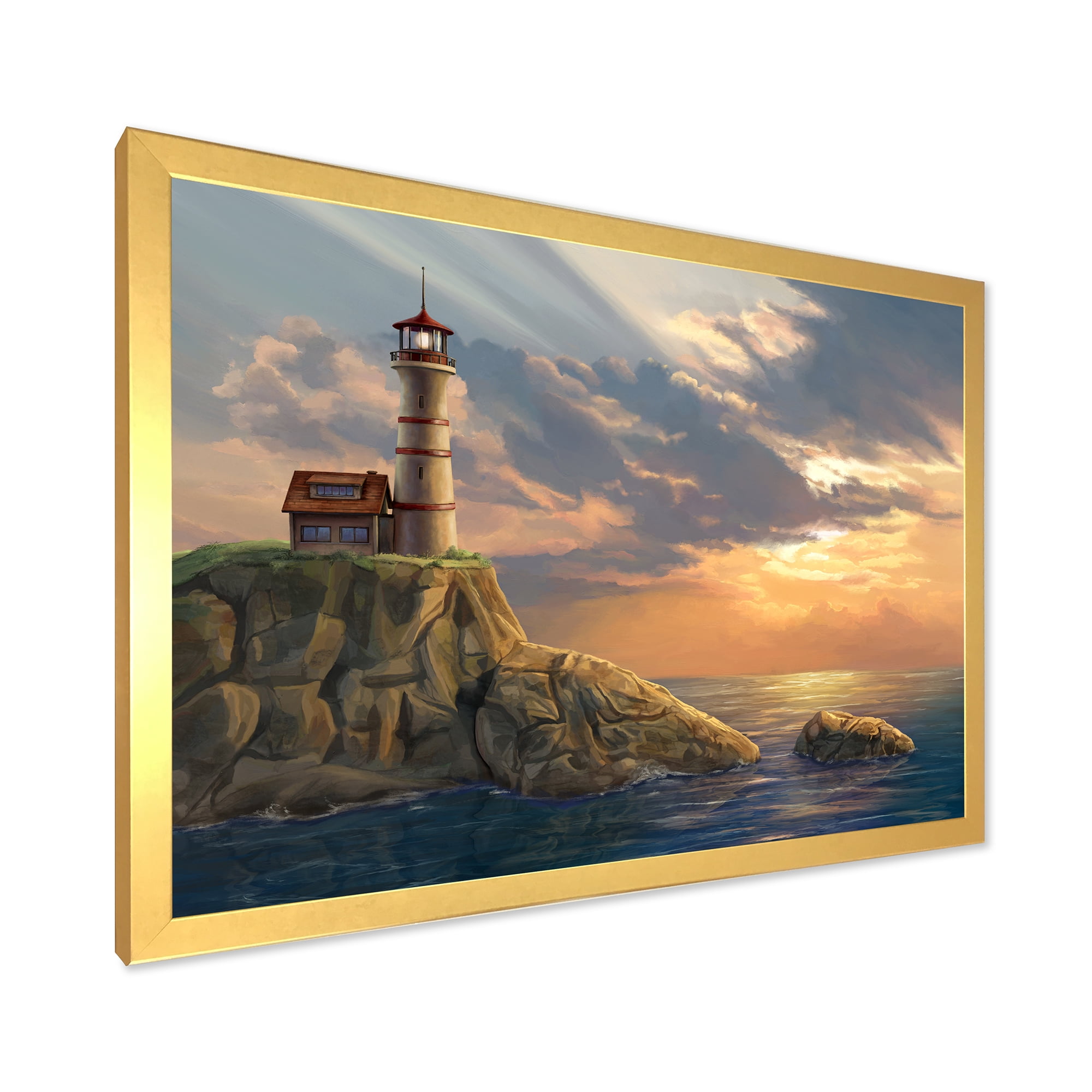 Designart 'Lighthouse On A Rocky Coastal Cliff At Evening Light' Nautical & Coastal Framed Art Print