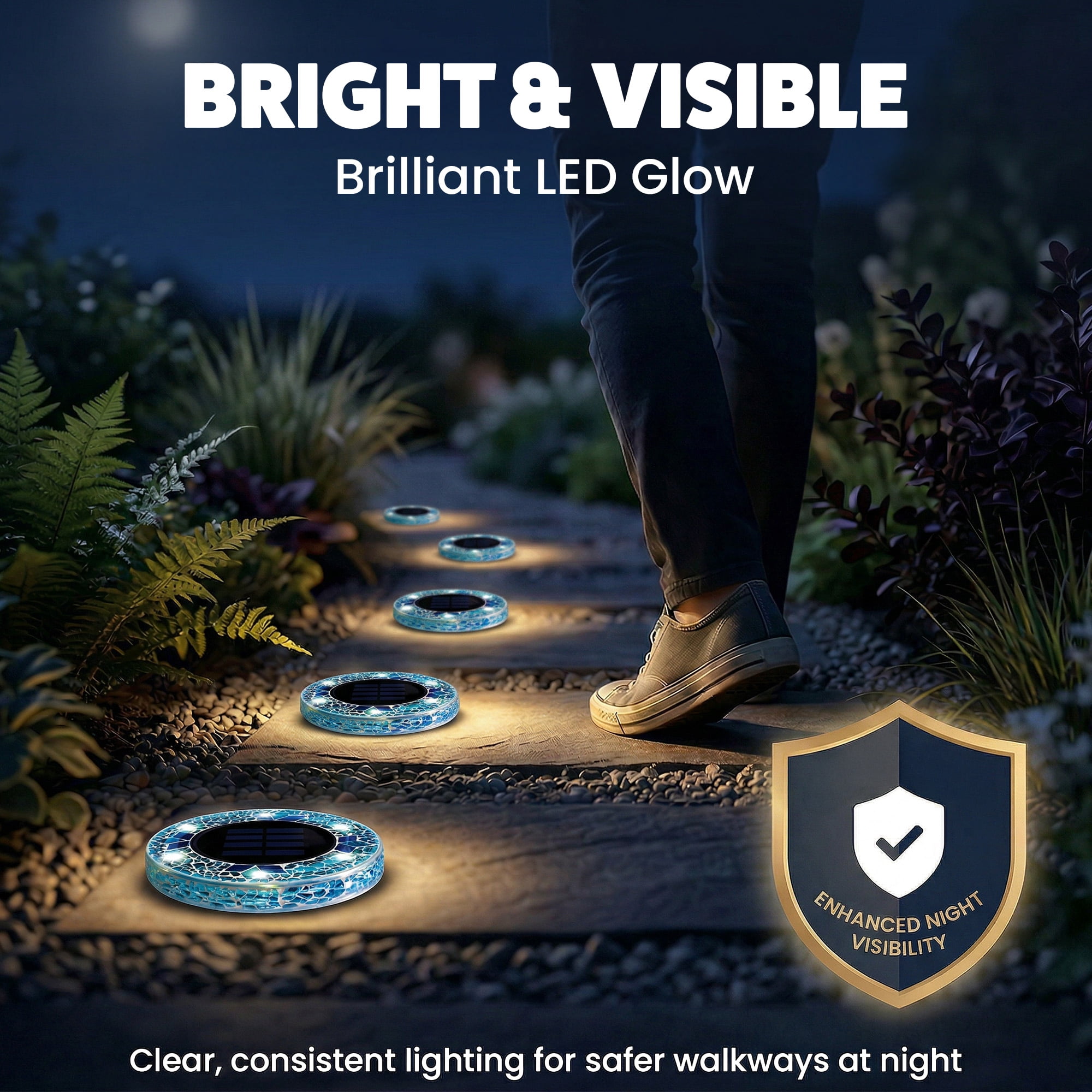 Bell+Howell Solar Outdoor Mosaic Disk Lights, 8 Pack Ultra-Premium Glass Decorative Pathway, Solar Outdoor Waterproof Disk, LED Pathway, Auto On/Off Lights - Blue