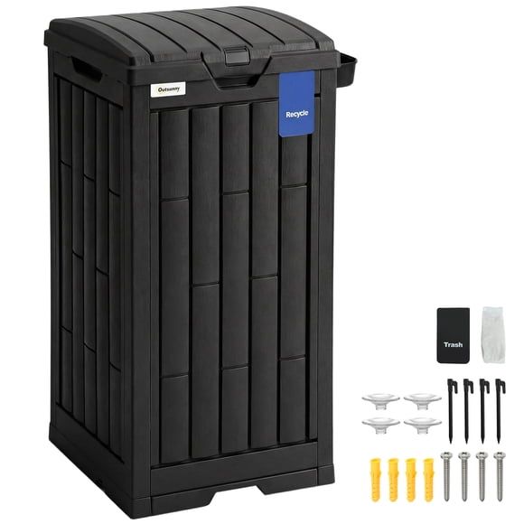 Outsunny 29 Gal Outdoor Garbage Bin Trash Can with Lid, Ashtray, Black
