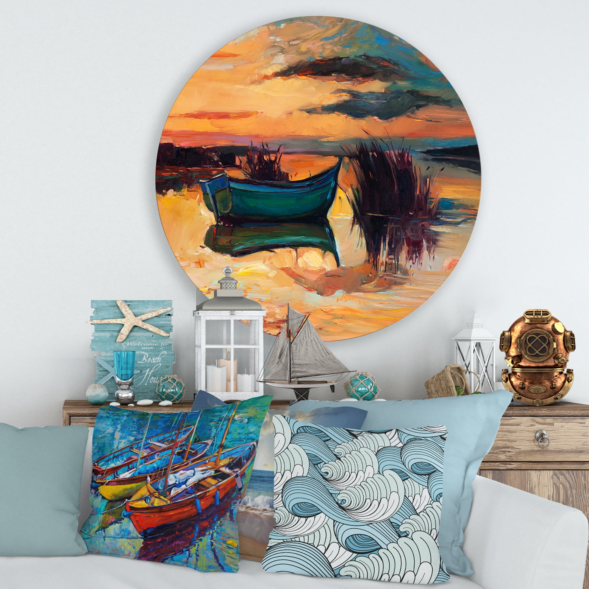 Designart 'Boat At The Lake During Evening Glow I' Nautical & Coastal Circle Metal Wall Art 36x36 - Disc of 36