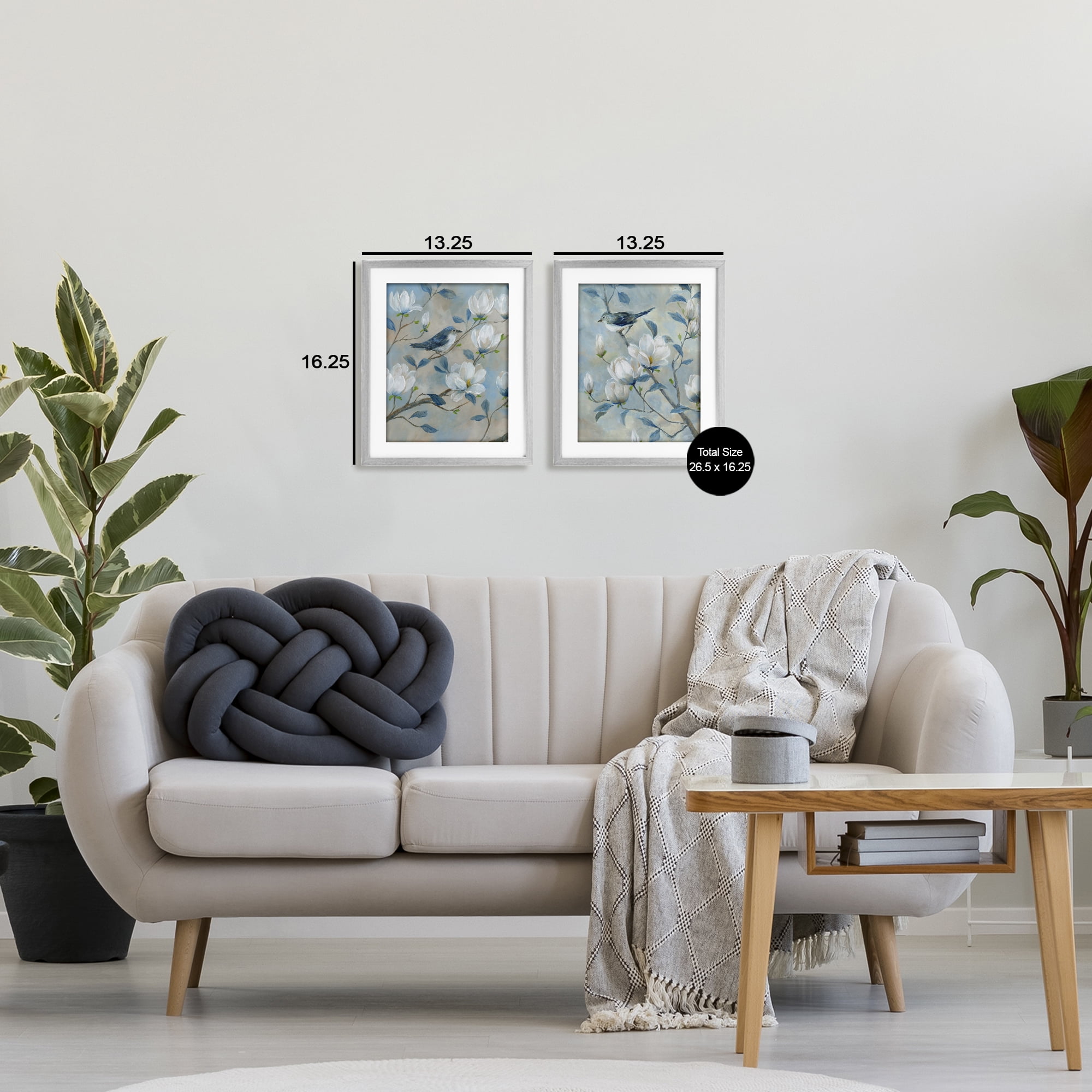 Stupell Industries Blue Birds in Magnolia Tree 2 Piece Gray Framed Print Under Glass Set, design by Nan