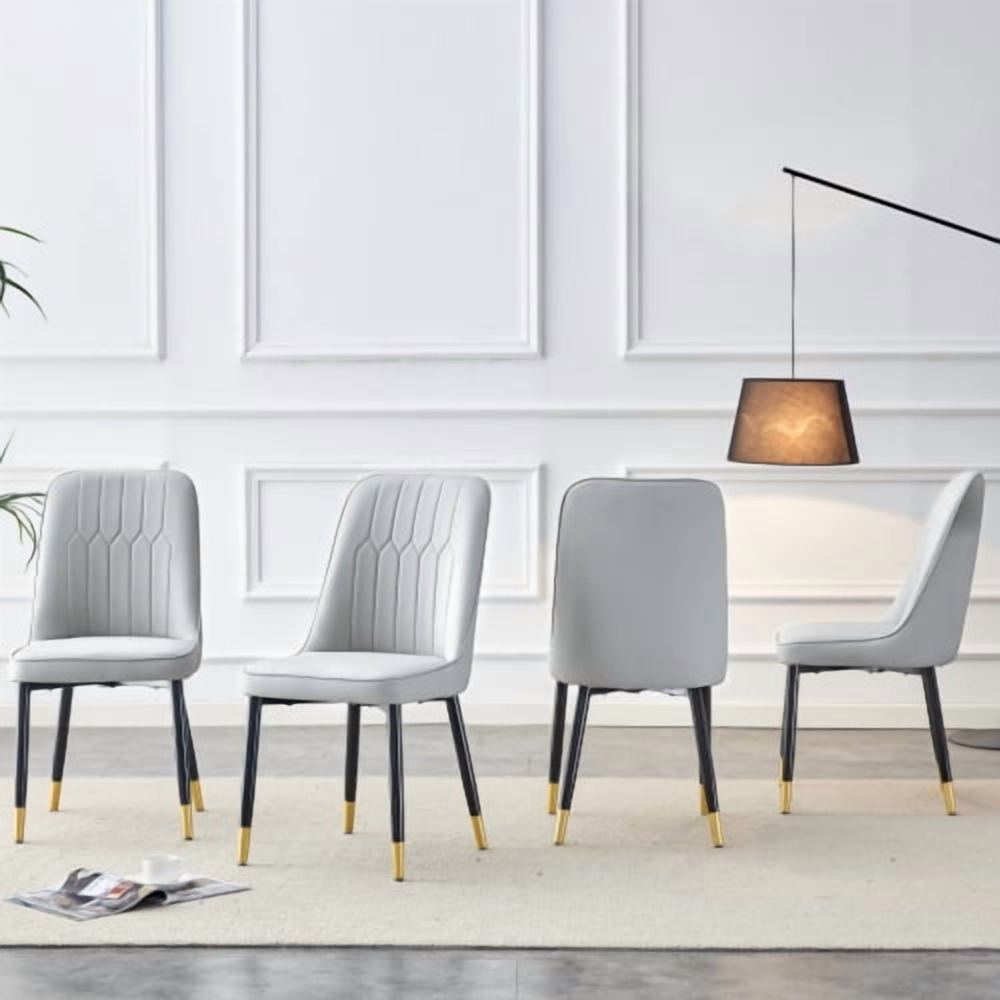 Set of 4 Dining Chairs, Modern Light Gray PU Leather Chairs with Black Metal Legs, Soft Padded Seat for Kitchen Bedroom Restaurant