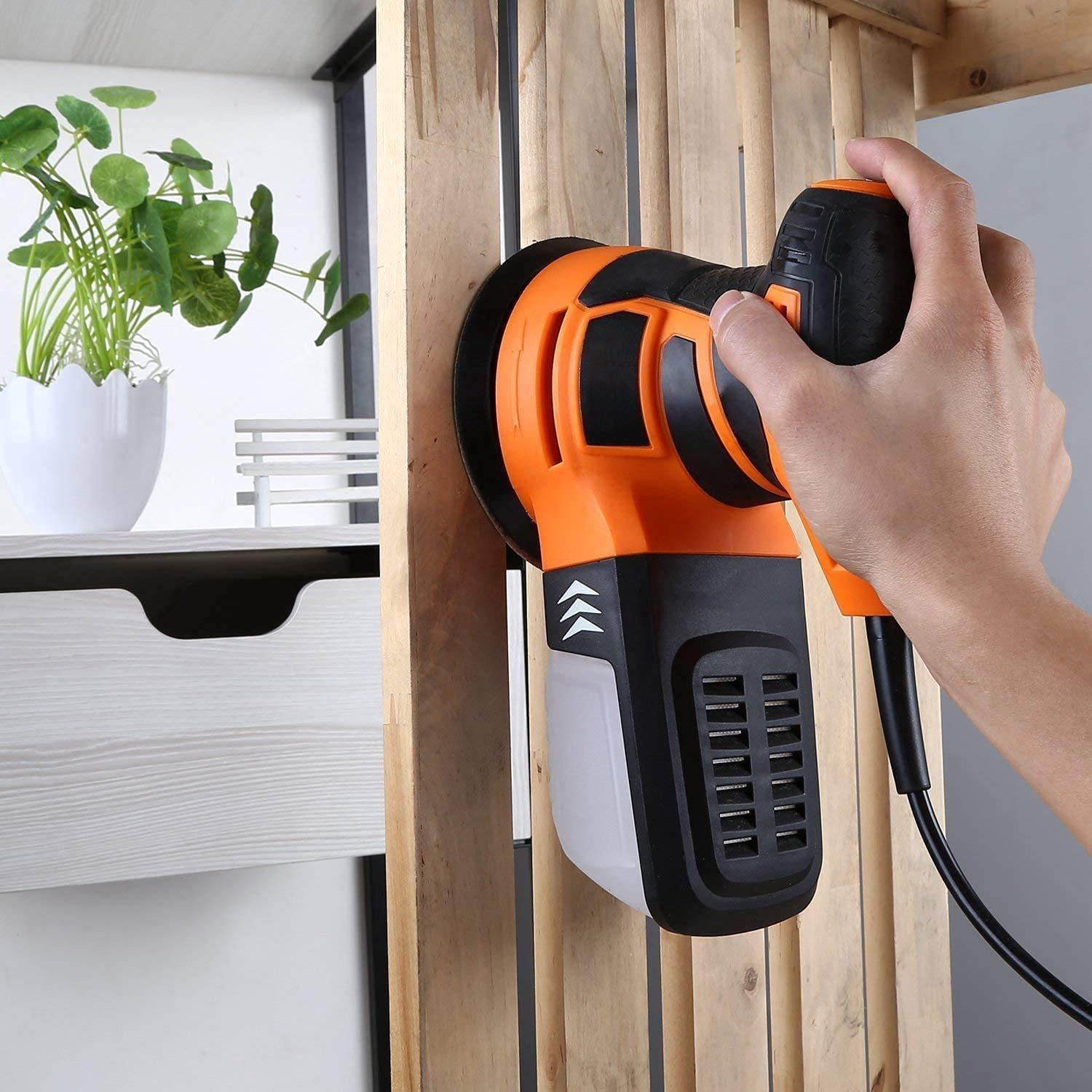 DOVAMAN Random Orbital Sander, 3 Amp, 5 Inch, Corded, Variable Speed, Dust Box, 12pcs Sanding Discs