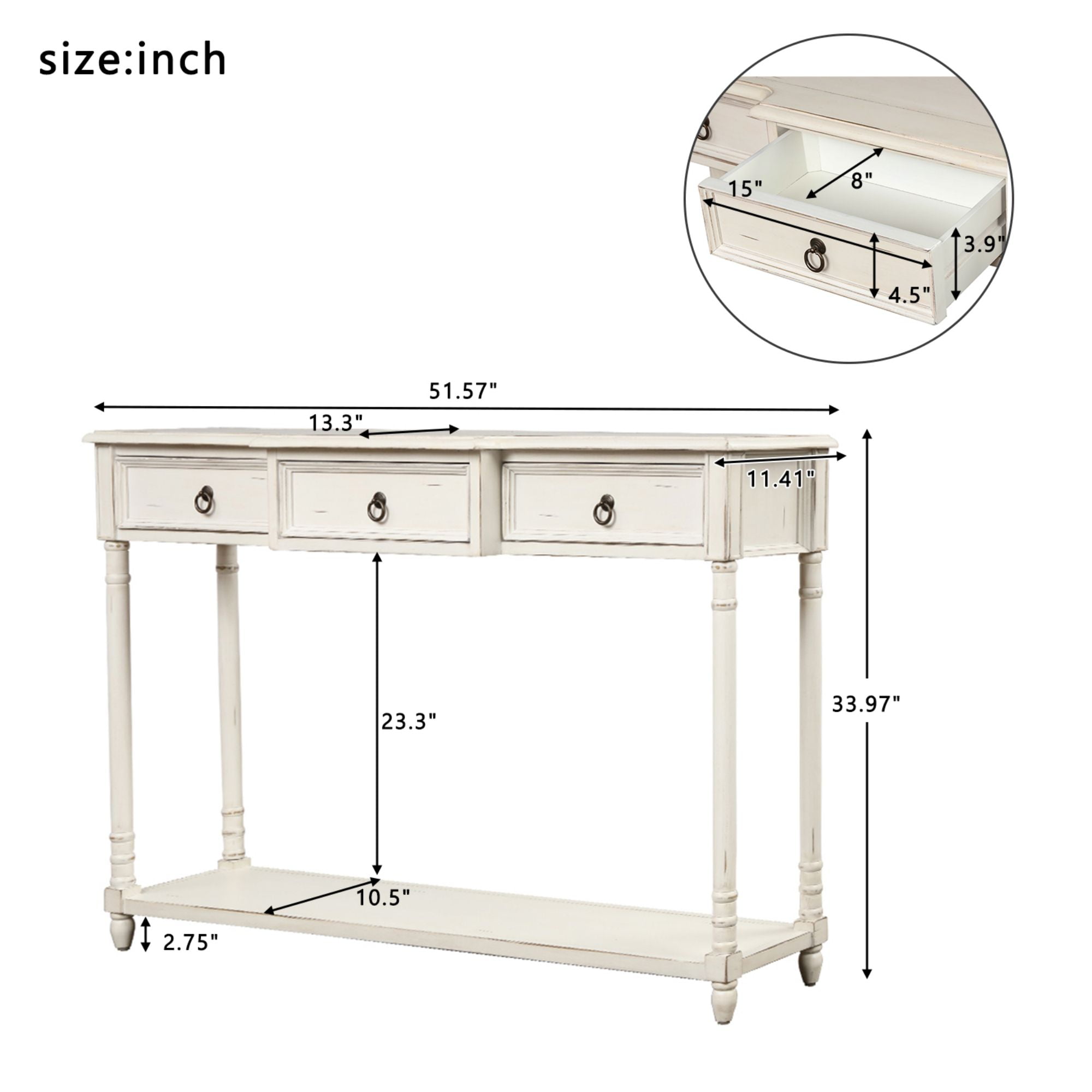 Aukfa Console Table with 3 Drawers for Entryway Hallway Living Room - White