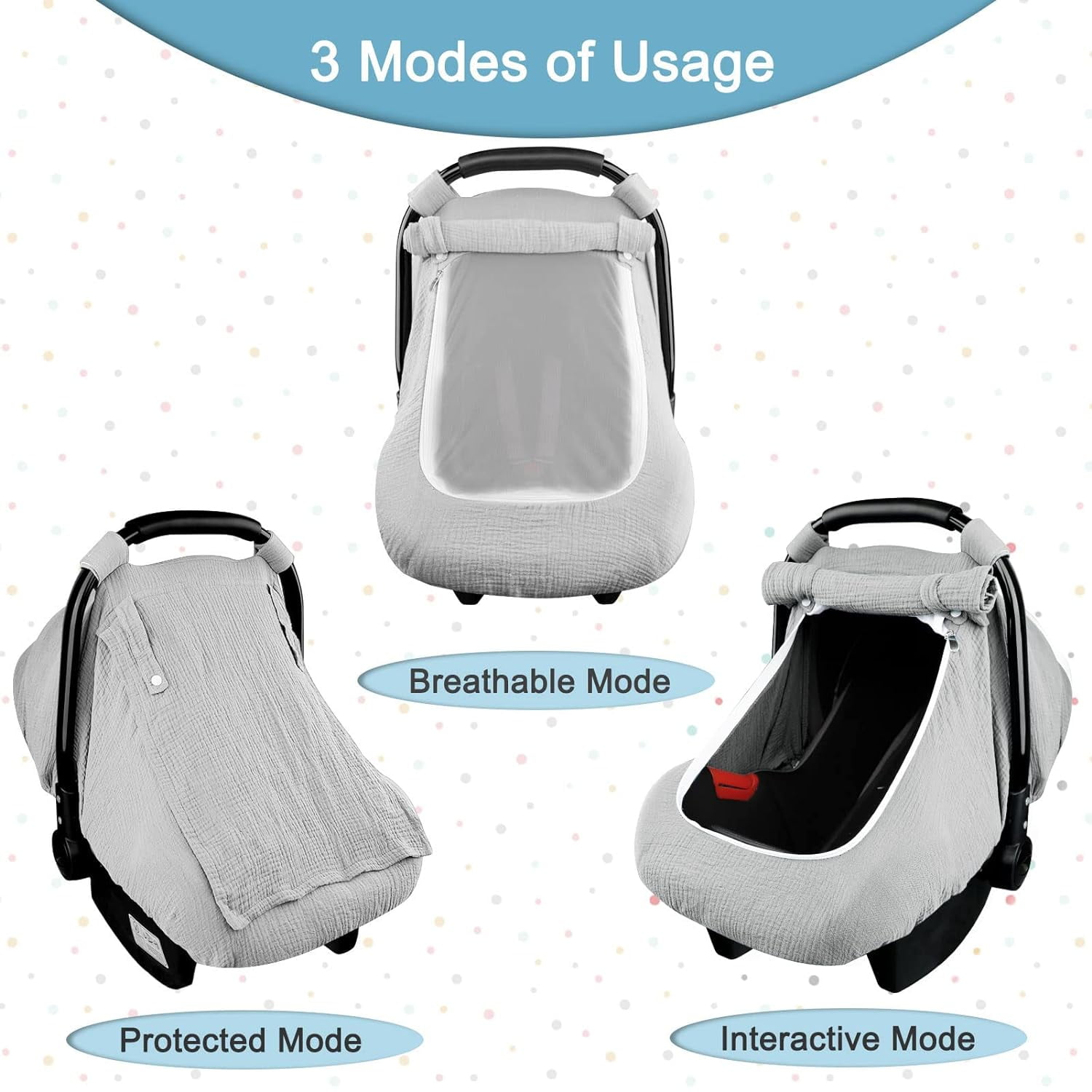 Muslin Car Seat Cover Baby, 3-1Infant Car Seat Covers for Babies,Summer Baby Car Seat Cover for Boys Girls with Breathable Window, Lightweight Infant Car Seat Canopy,Gray