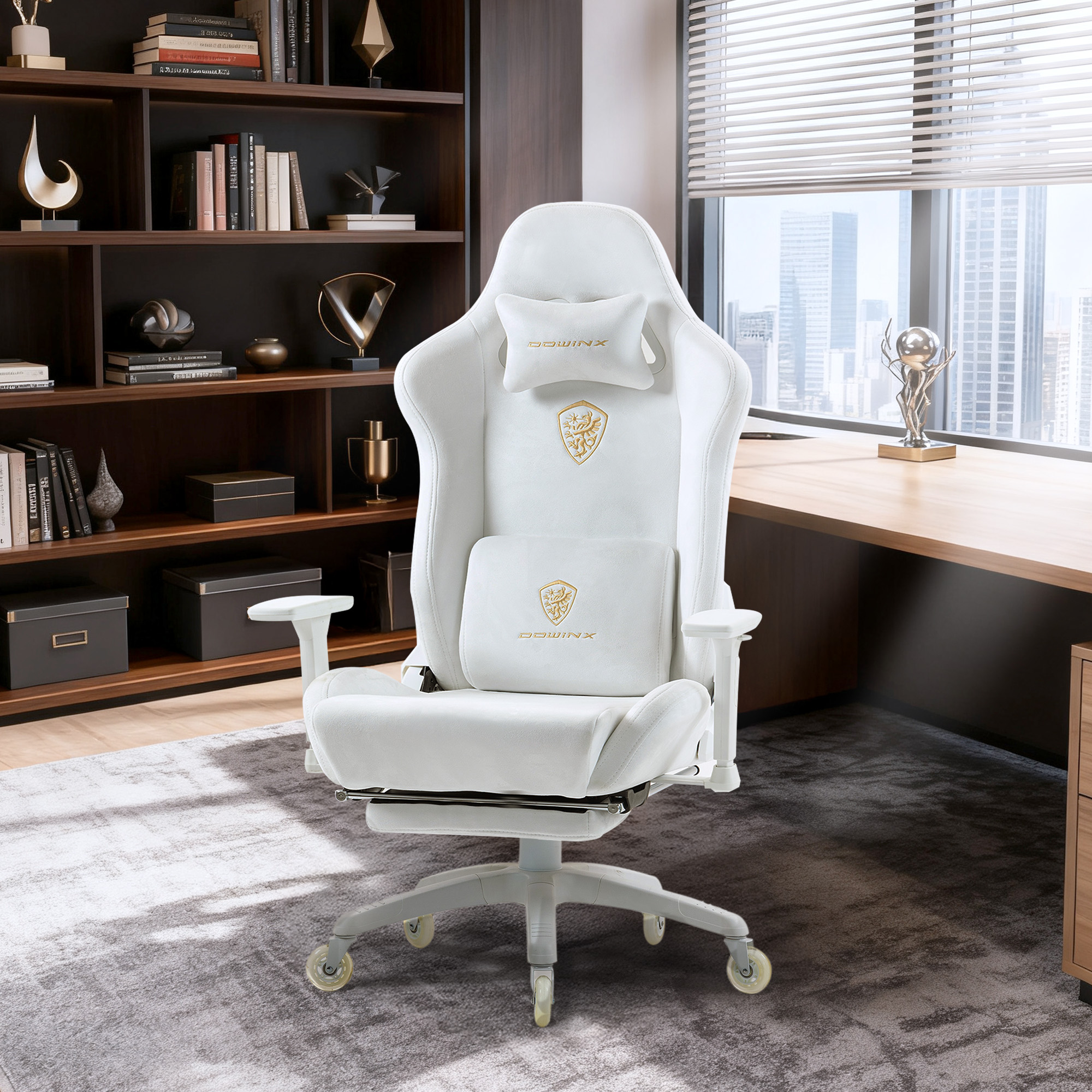 GOOSEA Breathable Suede Fabric Gaming Chair, Big and Tall Ergonomic Game Chair with Adjustable Massage Lumbar Support,3D Armrests,Retractable Footrest and Smooth PU Wheels, White