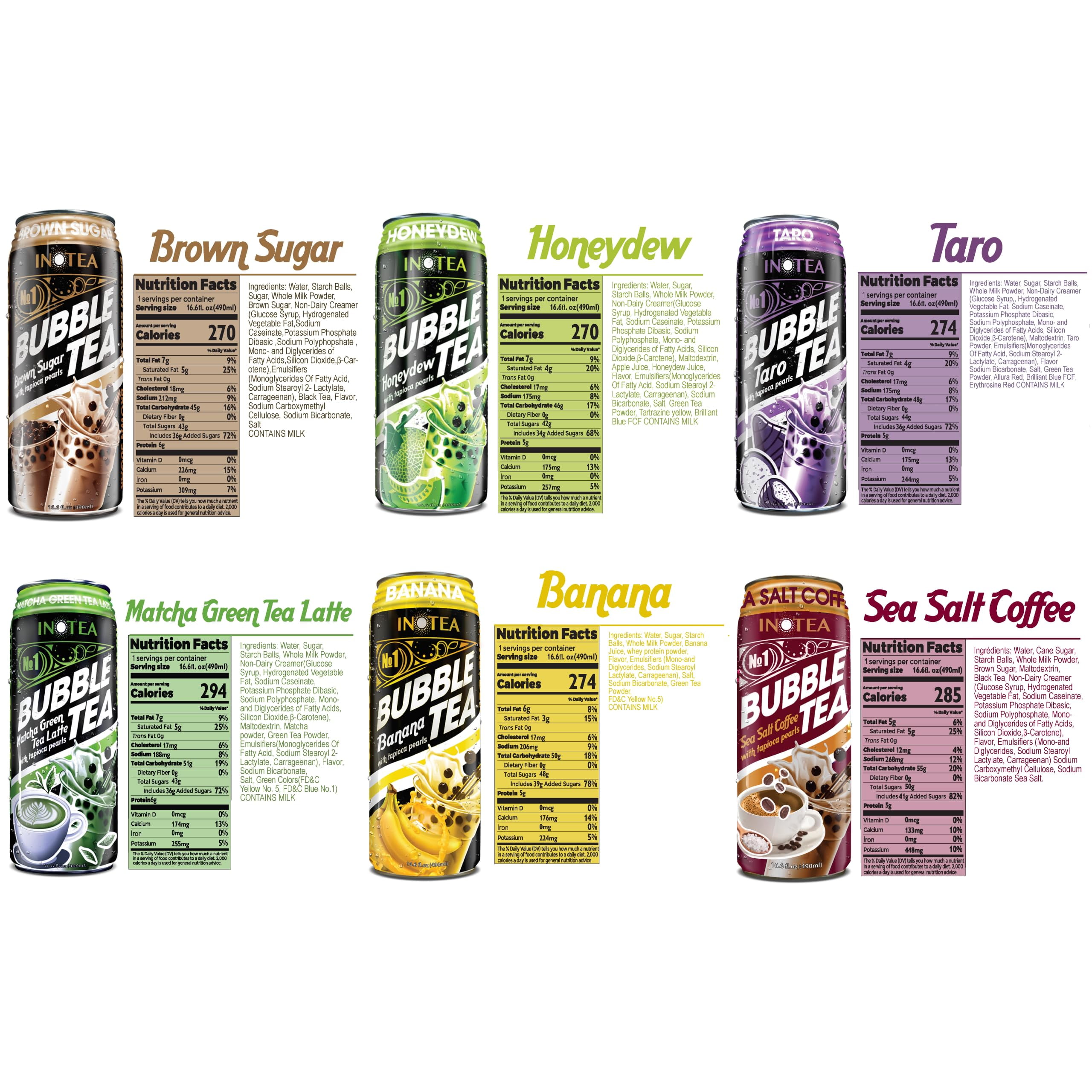 Inotea Bubble Tea Pack Of 12 - Assorted Flavors Ready to Drink in Can, 16.6 Oz