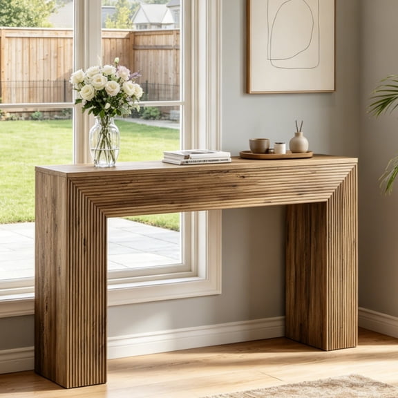 Fnova 63" Rustic Fluted Console Table, Long Narrow Entryway Table, Modern Farmhouse Sofa Table for Living Room, Hallway, Foyer
