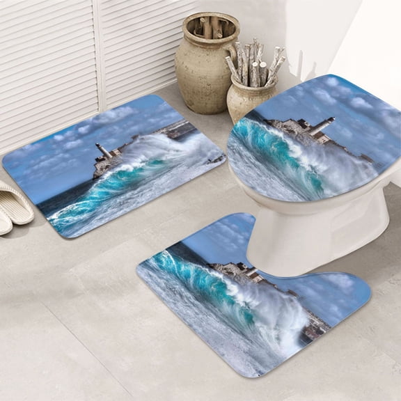 Bathroom Rugs Sets 3 Piece - Lighthouse in Havana Absorbent Non Slip Bath Mats, U-Shape Toilet Lid Cover, Contour Mat, Soft Washable Shower Mats Bath Rug Mat for Bathroom Tub Toilet