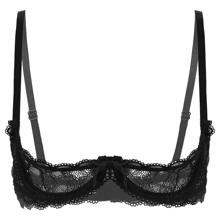 YONGHS Women Lace Sheer Push Up Bra 1/4 Quarter Cup Underwired Bralette  Lingerie Black M 