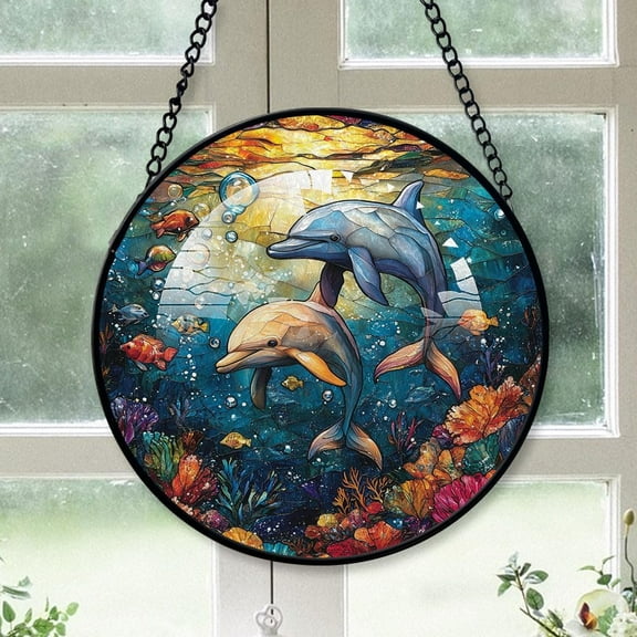 Customized Dolphin Stained Glass Window Hangings, Dolphin Colorful Glass Panel Pretty Gifts, Dolphin Decoration for Home Garden Christmas ZZH2yz