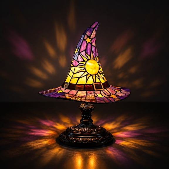 Stained Glass Witch Hat Lamp,Handcrafted Retro Resin Witch Lamp,USB Powered Gothic Wizard Hats with Sun and Star Details for Bedroom, Shelf and Halloween Decor