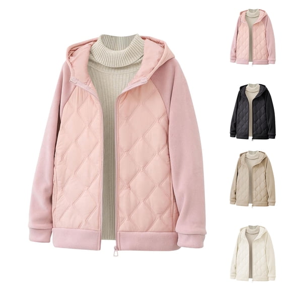 Xdegoge Lightweight Womens Quilted Jacket Full Zip Hooded Jackets Casual Loose Padded Coat Trendy Fall Winter Warm Patchwork Outerwear with Pockets