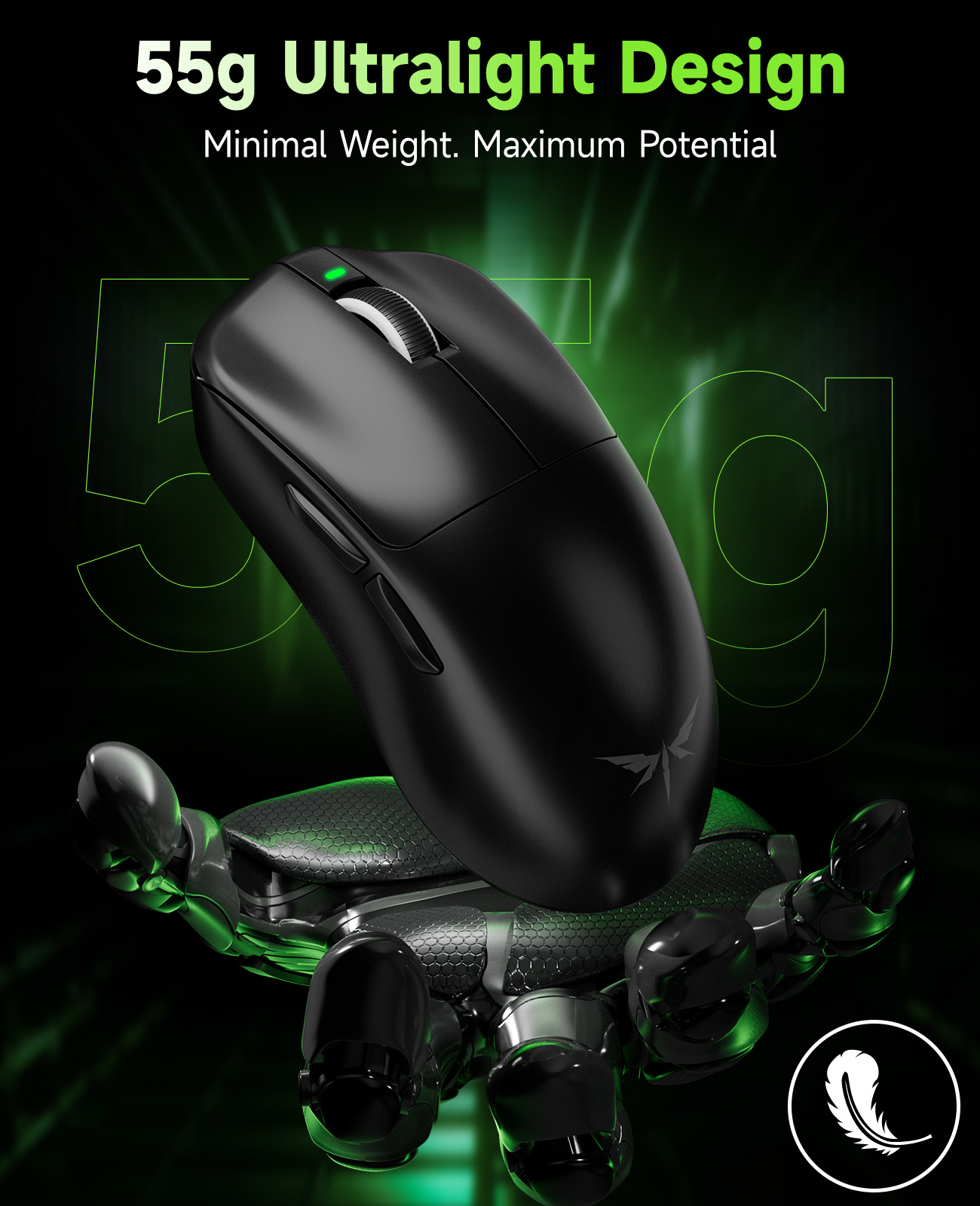 qaf Ultra Lightweight Wireless Gaming Mouse, 55g Tri-Mode Bluetooth/2.4G/USB-C Wired Mouse，Rechargeable 2.4G Cordless&Wired Mouse, 130Hrs Battery Life, for Laptop, PC, Mac-F1MOBA Black