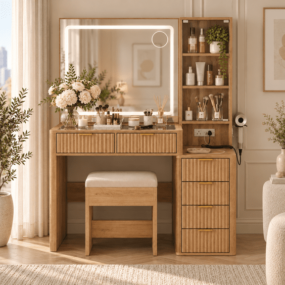 Makeup Vanity Desk with LED Mirror, Fluted Wood Vanity with 6 Drawers, Glass Top & Glass Door, 3-Color Lighting, Charging Station, Vanity Stool Included, Natural Oak