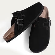 Litfun Womens Suede Clogs Leather Mules Cork Footbed Sandals Arch Support Potato Shoes with Adjustable Buckle