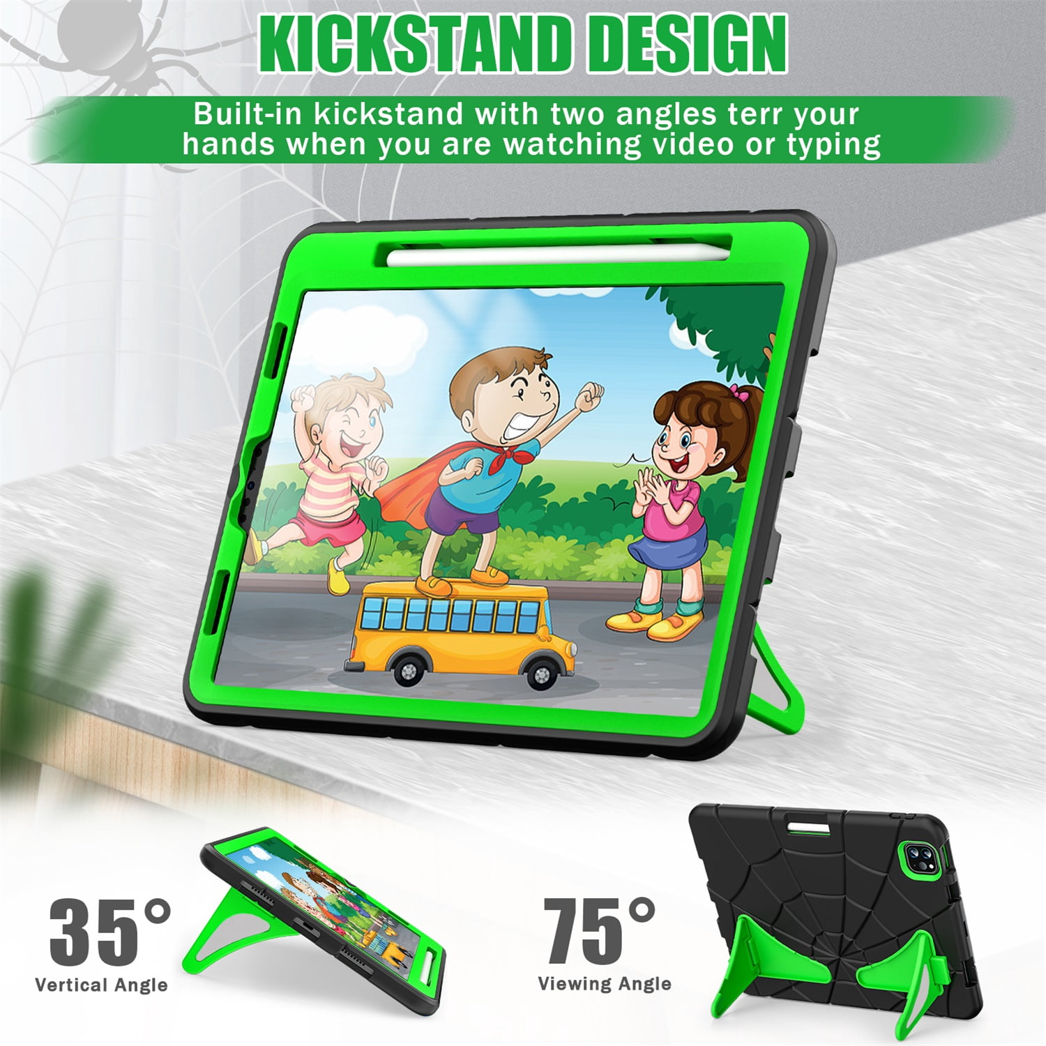 Kids Case for iPad 9th/8th/7th Generation with Pencil Holder, Lightweight Shockproof Stand Anti-Slip Rugged Silicone PC Case Cover for iPad 10.2" 2021/2020/2019 for Boys Girls, Black+Green