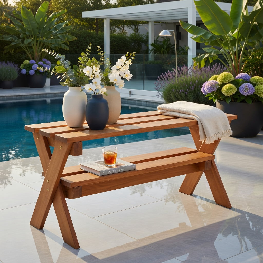 Hommoo 36" Solid Hardwood Outdoor Patio Bench, Backless Teak Oil Finished Dining Bench for Garden, Porch & Entryway, Natural