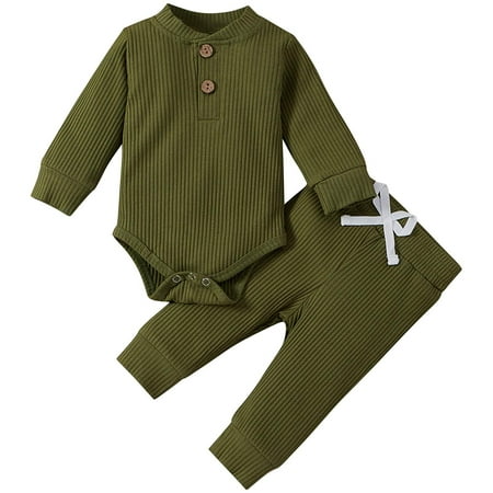 

GRNSHTS Newborn Baby Boys Girls Clothes Ribbed Knitted Cotton Long Sleeve Romper Long Pants Solid Color Outfits (Army Green 3-6 Months)