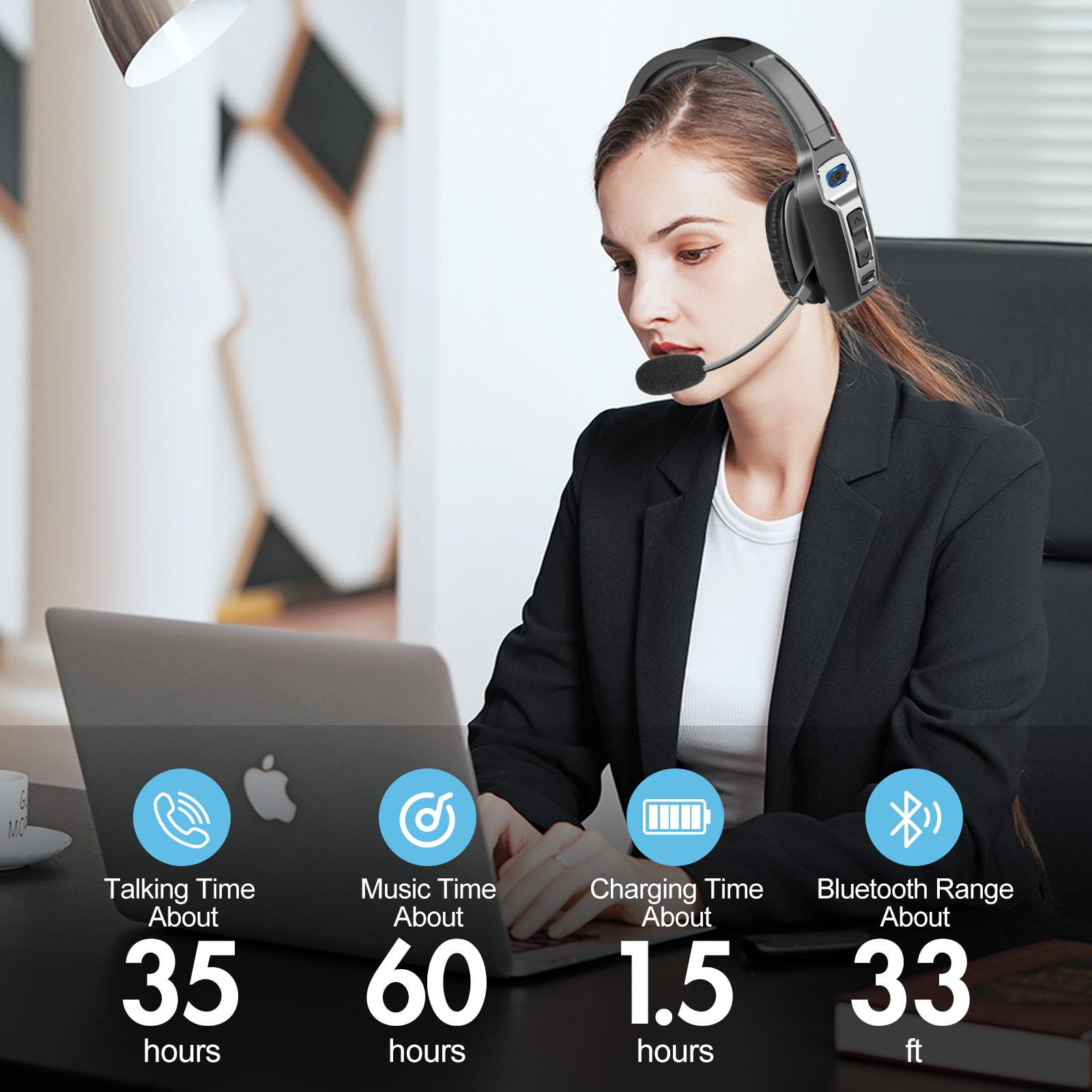 Trucker Bluetooth Headset with Microphone with AI Noise Cancelling & Mute Button Wireless Headphones 60 Hrs Working Time for Home Office Remote Work Zoom