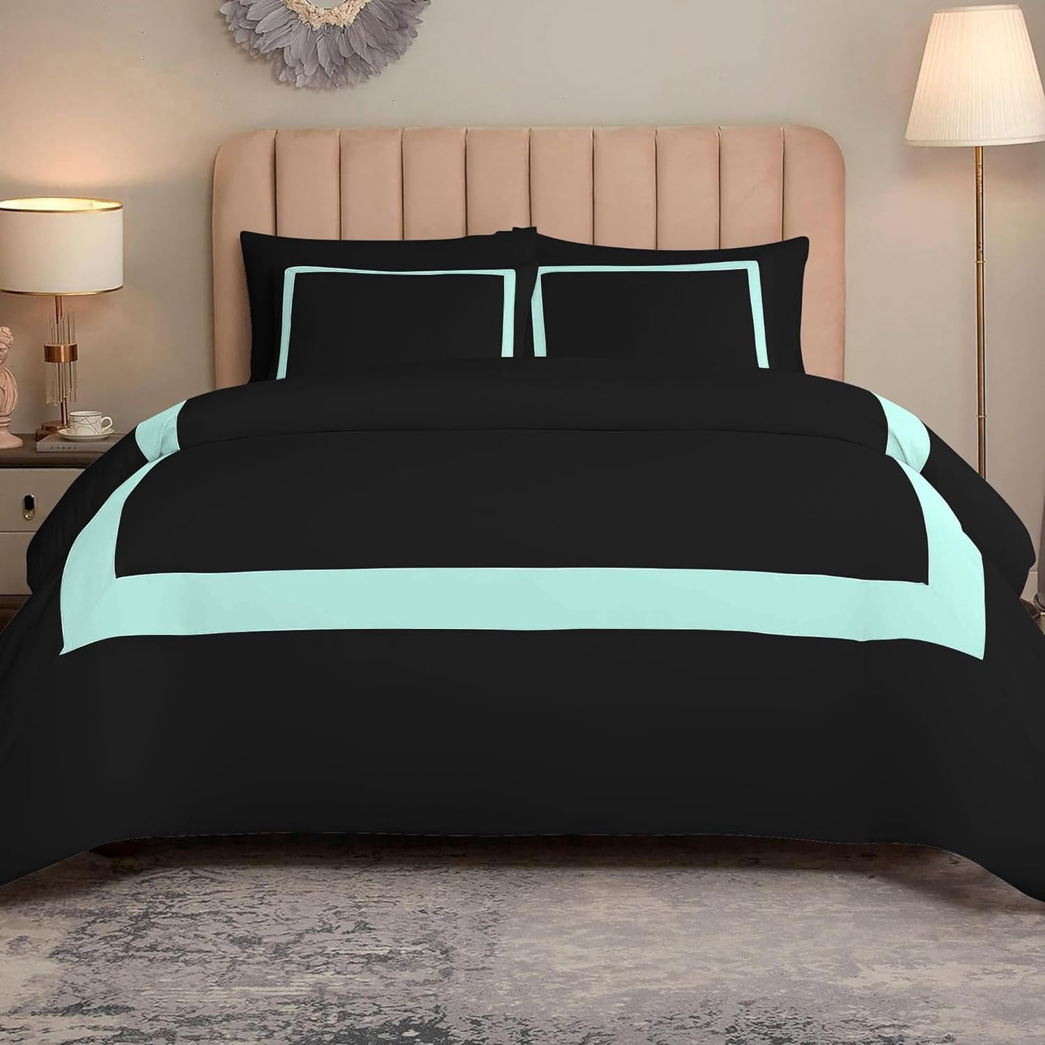 DNG Creations 5 Piece Full Black And Auqa Blue Border Line Pattern Duvet Cover - 100% Egyptian Cotton, 800 Thread Count ( California King )