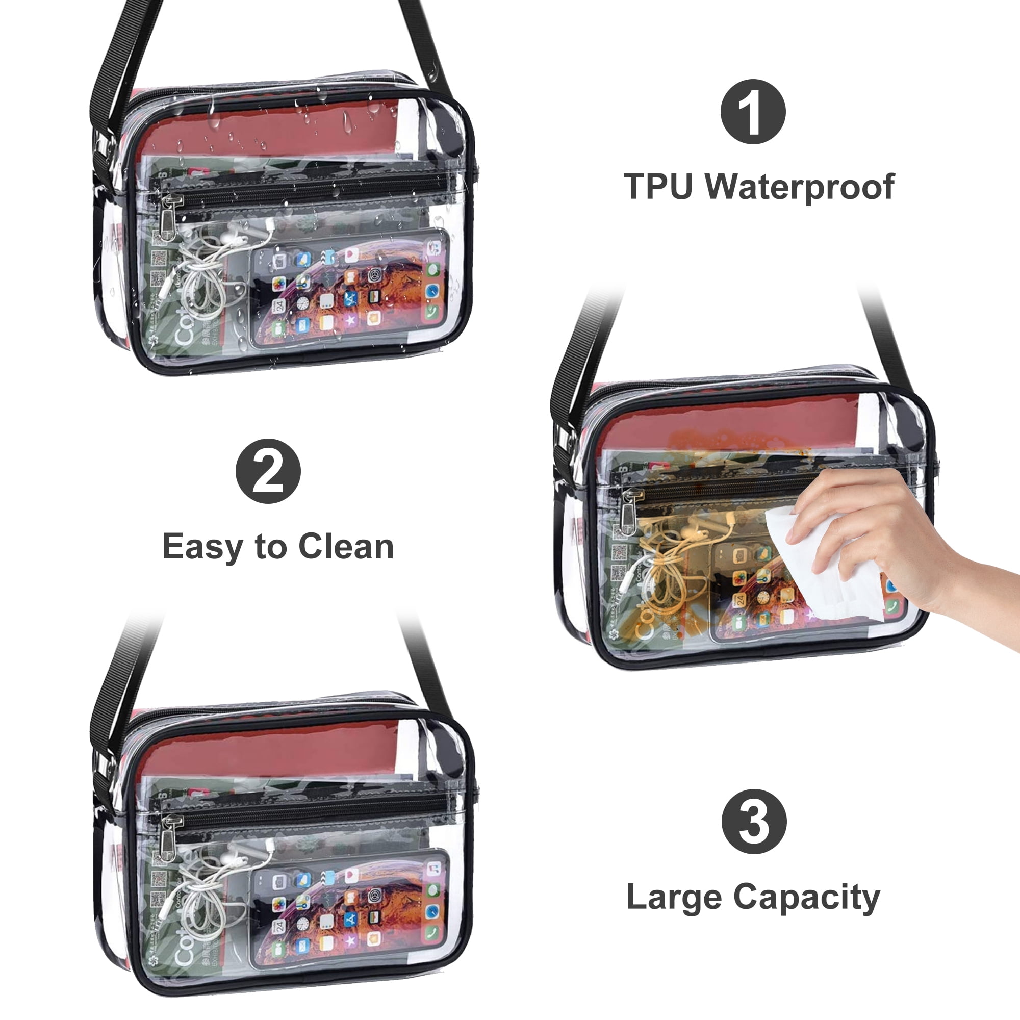TSV Stadium Approved Clear Crossbody Bag, Waterproof Shoulder Purse Bag with Adjustable Strap for Concerts