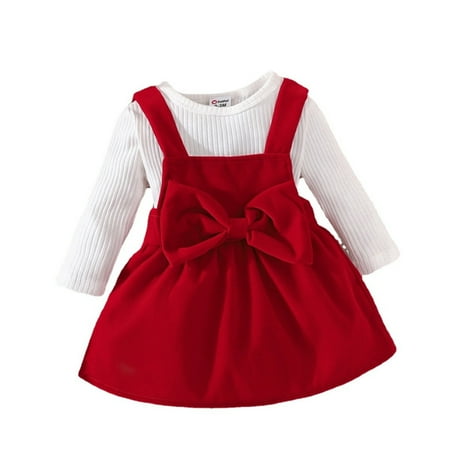 

Baby Girls Long Sleeve Solid Ribbed Romper Tops Bowknot Suspender Skirt Outfits Set 2PCS