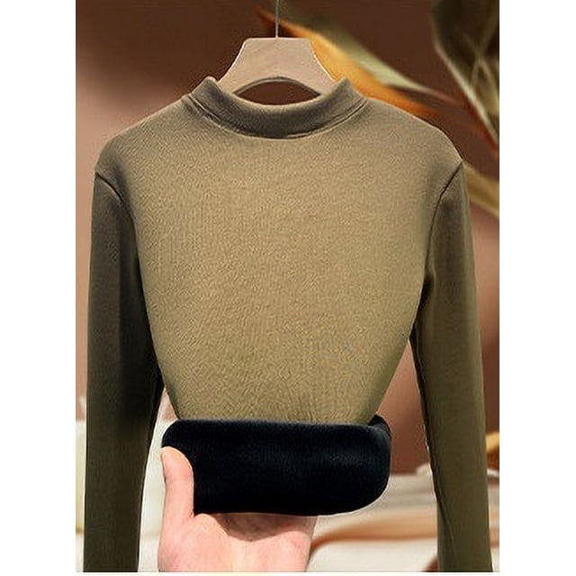 Camisa de algodón grueso con forro polar y cuello alto pequeño para otoño e invierno, estilo de cuello redondo y manga larga para mujer