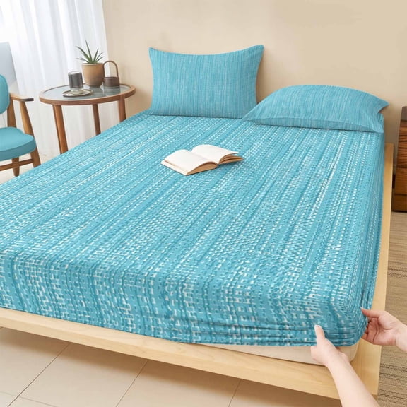 Twin Sze Fitted Sheet Set - Pure Color 2 Piece Bedding Sets 16" Deep Pocket Fitted Sheet with 1 Pillowcase, Contemporary Simple Linen Texture Turquoise Brushed Microfiber Hotel Luxury Bed Sheets