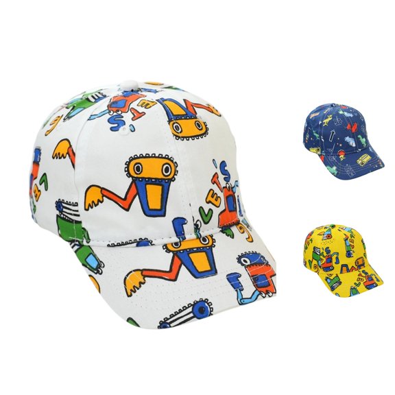 Oiyii Toddler Boys Snap‑Fit Baseball Hats Vehicle Printed Sport Back‑To‑School Baseball Caps, White