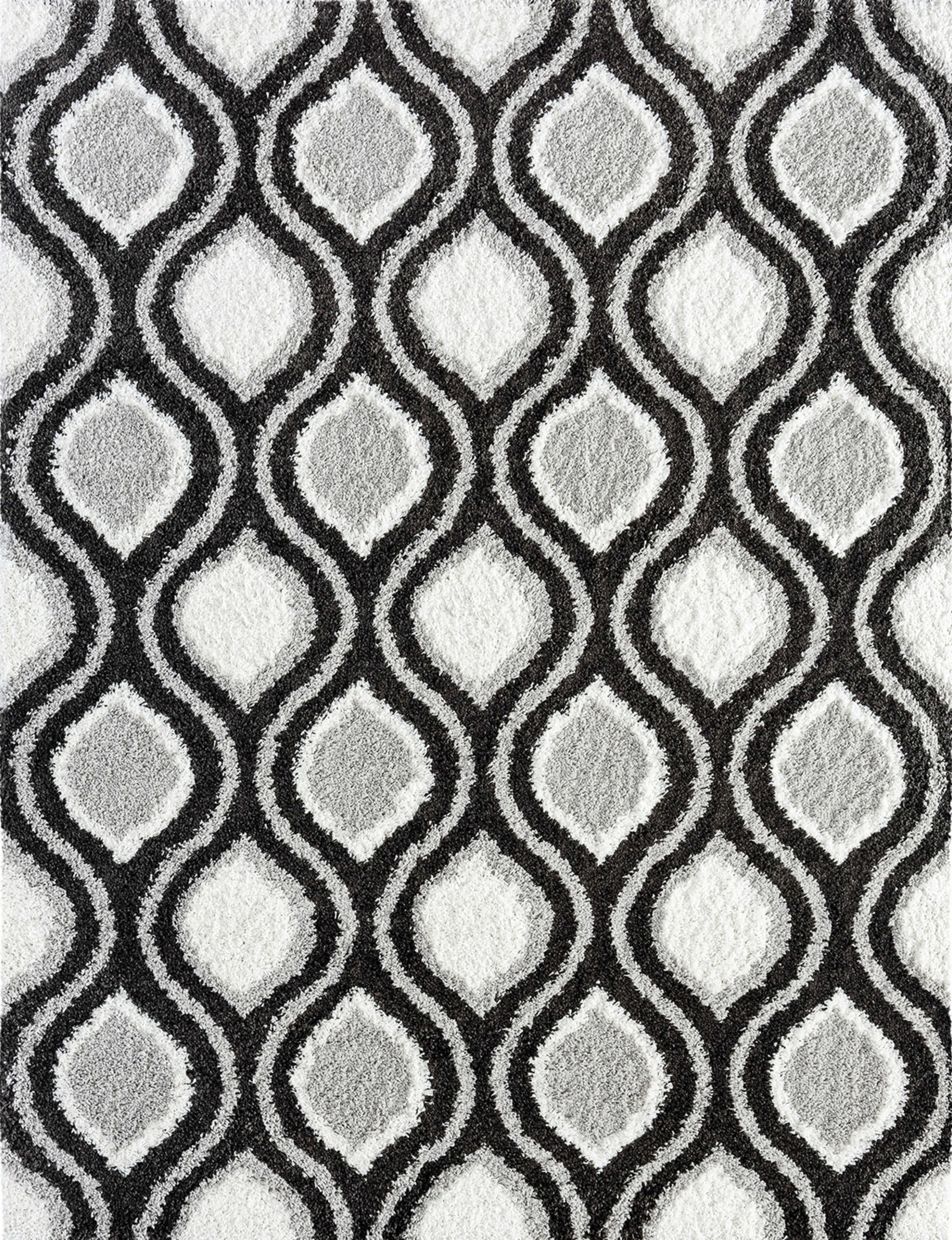 Contemporary 4x6 Area Rug Shag Thick (4' x 5'3'') Geometric White, Silver Indoor Rectangle Easy to Clean