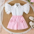 thumbnail image 2 of WRKEKC Girls Summer Outfits 2-Piece White Lace Ruffle Sleeve Shirt & Pink Bowknot Mini Skirt Casual Dressy Style for Girls 2-8 Years, 2 of 9