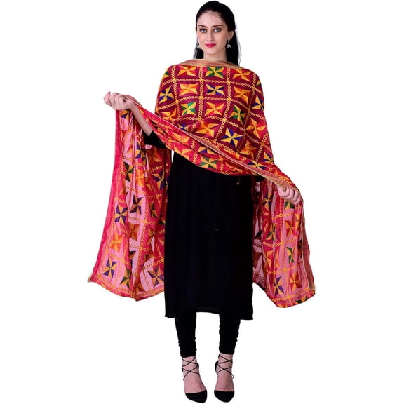 Phulkari / Dupatta /Chiffon Dupatta for Women, Embroidered Pankha Design, (Size 42 X 84 Inches)