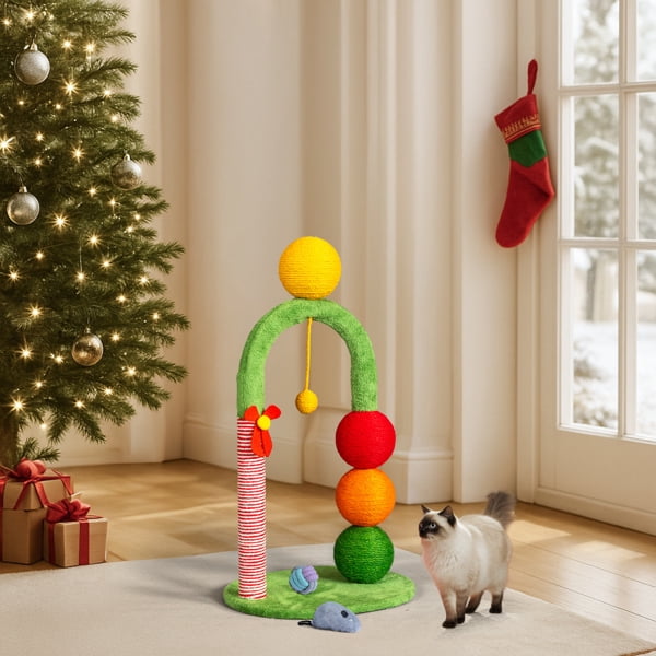 29in Christmas Cat Tree Tower with Sisal Balls - Holiday Cat Scratcher with Candy Cane Post & Dangling Toys for Indoor Cats