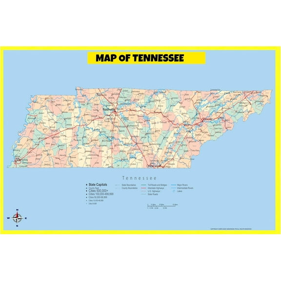 Tennessee Map Poster - Laminated Wall Map - Style A - 18x24 - Ideal for Classrooms and Homes – Features Bright Colors and Vivid Imagery