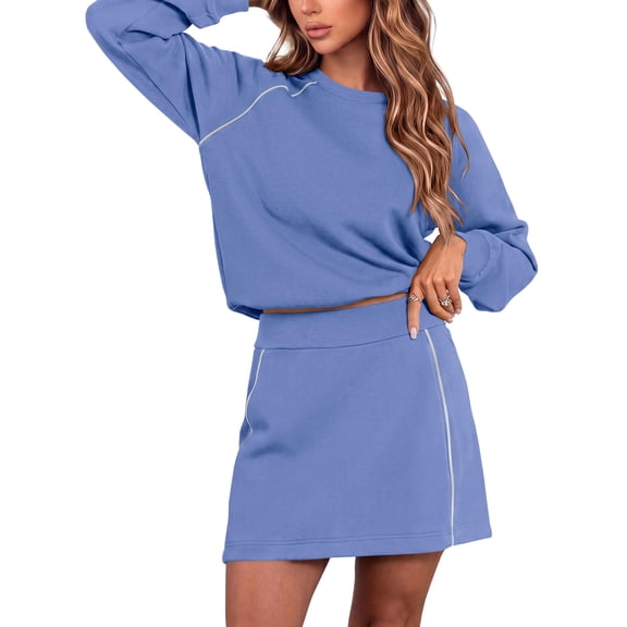 PRETTYGARDEN Women's Two Piece Airport Outfits Matching Skirt Sets Color Block Long Sleeve Top Sweatshirt, Mini Short Skirts, Elastic Waist Skorts Pocket, 2pc Workout Set, Fall Fashion Clothes