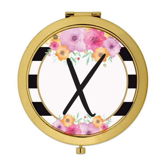 Koyal Wholesale Compact Mirror Bridesmaid's Wedding Gift, Gold, Monogram Letter X, Modern Black White Stripes , 1-Pack